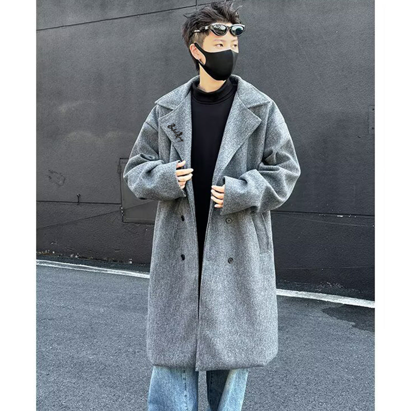 Mato chizig'i kichik odamlar koreyscha bir ko'krakli uzun bo'sh qulay katta cho'ntaklar kostyum yoqasi issiq Britaniya uslubidagi jun tvid palto katta ma'noda trench palto tasodifiy ko'p qirrali ochiladigan yelkali uzun yengli