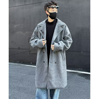 Mato chizig'i kichik odamlar koreyscha bir ko'krakli uzun bo'sh qulay katta cho'ntaklar kostyum yoqasi issiq Britaniya uslubidagi jun tvid palto katta ma'noda trench palto tasodifiy ko'p qirrali ochiladigan yelkali uzun yengli