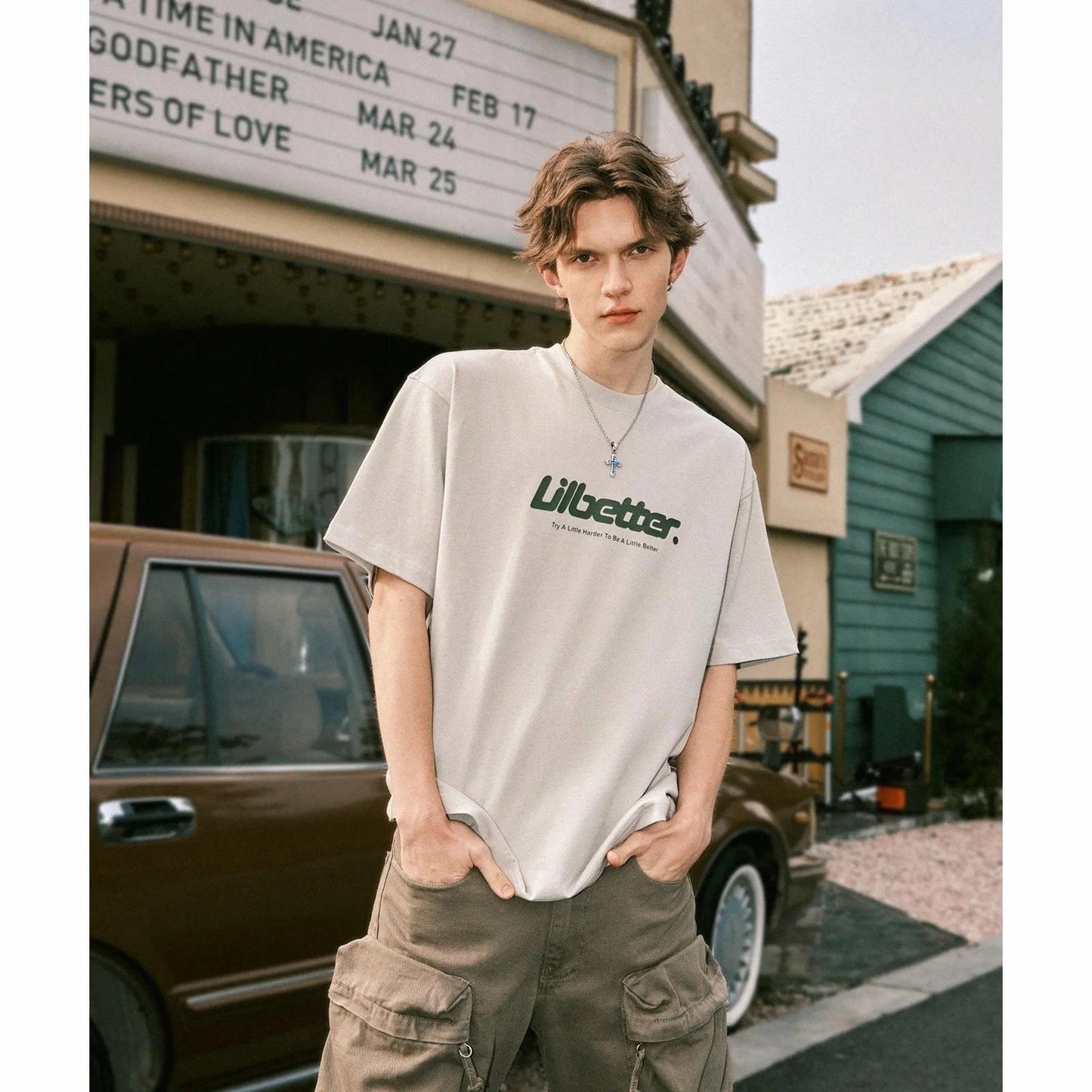 Lilbetter harfi logotipi bosma paxta amerikalik kundalik toza kiyimli dumaloq bo'yinli yarim yengli bo'shashgan juftlik qisqa yengli futbolka modelli erkaklar va ayollar