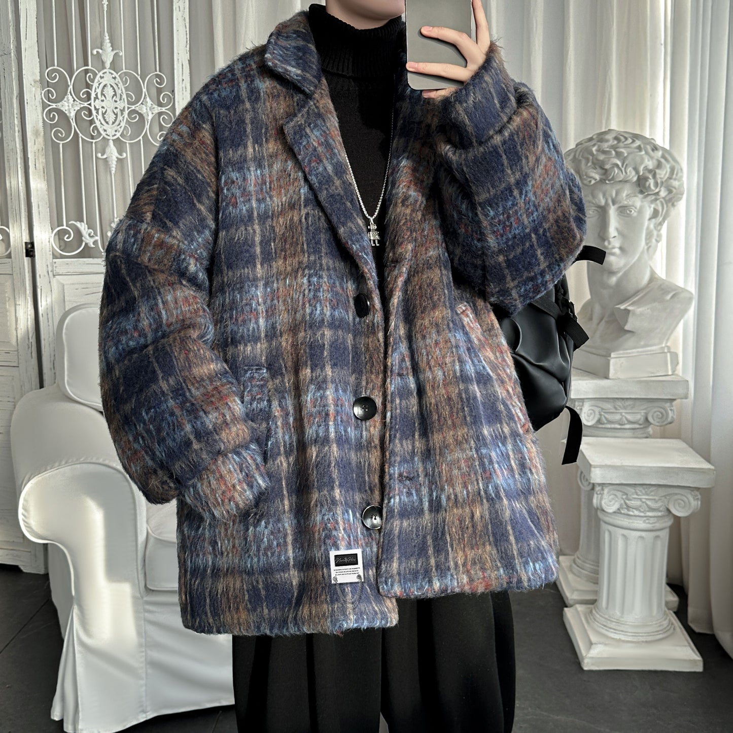 Lazy wind clash plaid issiq qalinlashgan tvid top yaqin bu yerda Amerika retro yuqori trend ko'cha bo'sh qulay kostyum yoqasi off yelka uzun yengi ko'ylagi Koreys tasodifiy commute klassik Britaniya asosiy m