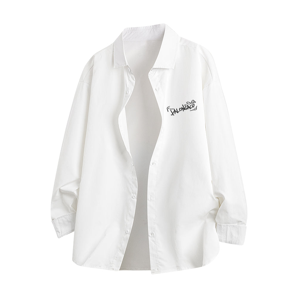 Pal ongaco pal ongaco Amerika yuqori ko'cha asosiy modellari oddiy sof paxta tanasi harflari brend logotipi bosma erkin tasodifiy universal koreys tekis rangli lapel uzun yengli ko'ylaklar bir xil modellar bilan erkaklar va ayollar