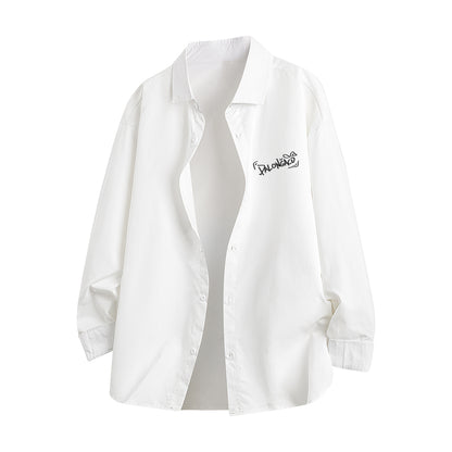 Pal ongaco pal ongaco Amerika yuqori ko'cha asosiy modellari oddiy sof paxta tanasi harflari brend logotipi bosma erkin tasodifiy universal koreys tekis rangli lapel uzun yengli ko'ylaklar bir xil modellar bilan erkaklar va ayollar