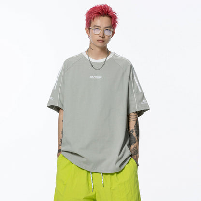 Kollej uslubidagi golfkross rangli to'qnashuv lentasi chiziqli yelkali yengli dumaloq bo'yinli qisqa yengli futbolka bir xil paragrafli erkaklar va ayollar