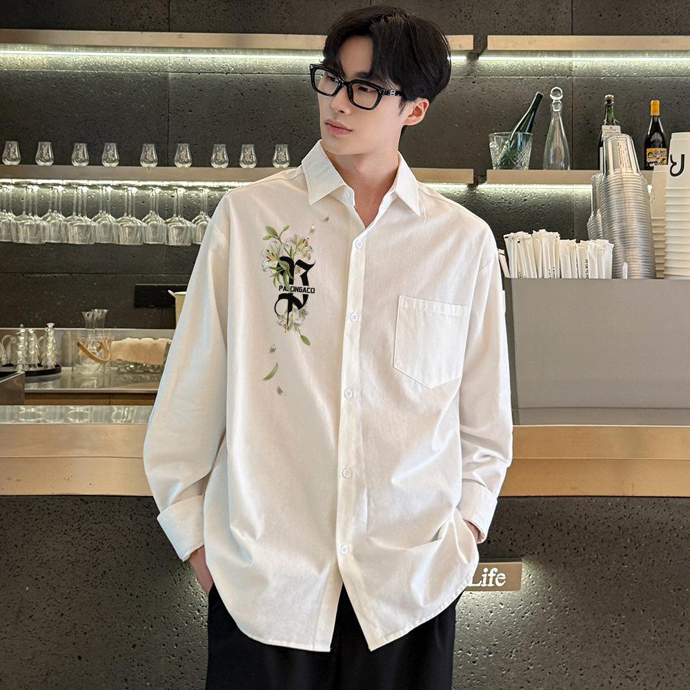 Pal ongaco pal ongaco Amerika retro jinssiz asosiy modellar harflar logotipi soxta kashtado'zlik o'simliklari gulli dizayn printlar oddiy lapel bo'shashmasdan qulay yelkalar paxta uzun yengli erkaklar va ayollar uchun ko'ylaklar