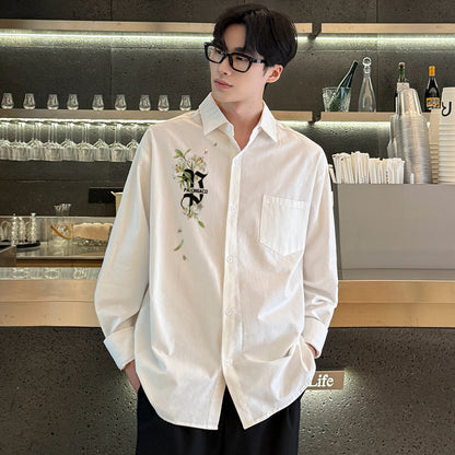 Pal ongaco pal ongaco Amerika retro jinssiz asosiy modellar harflar logotipi soxta kashtado'zlik o'simliklari gulli dizayn printlar oddiy lapel bo'shashmasdan qulay yelkalar paxta uzun yengli erkaklar va ayollar uchun ko'ylaklar