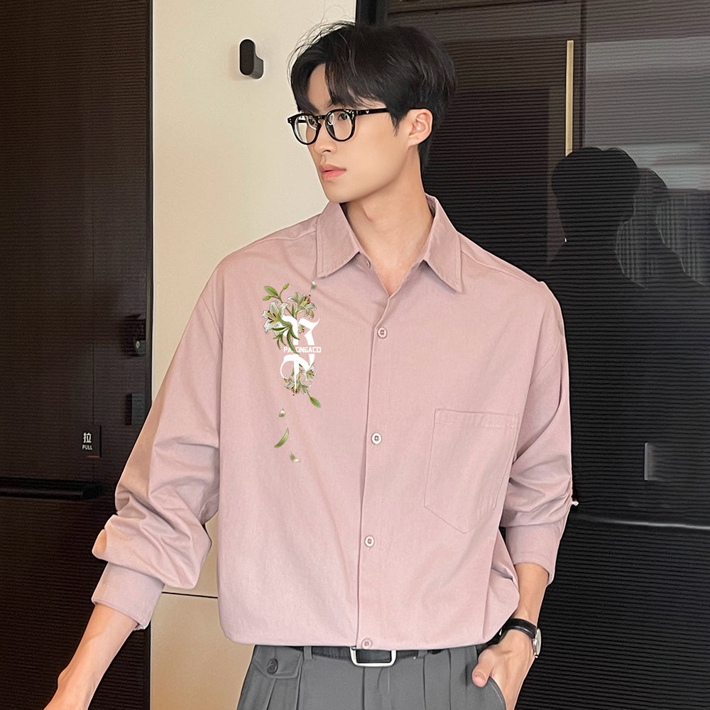 Pal ongaco pal ongaco Amerika retro jinssiz asosiy modellar harflar logotipi soxta kashtado'zlik o'simliklari gulli dizayn printlar oddiy lapel bo'shashmasdan qulay yelkalar paxta uzun yengli erkaklar va ayollar uchun ko'ylaklar