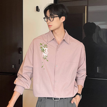 Pal ongaco pal ongaco Amerika retro jinssiz asosiy modellar harflar logotipi soxta kashtado'zlik o'simliklari gulli dizayn printlar oddiy lapel bo'shashmasdan qulay yelkalar paxta uzun yengli erkaklar va ayollar uchun ko'ylaklar