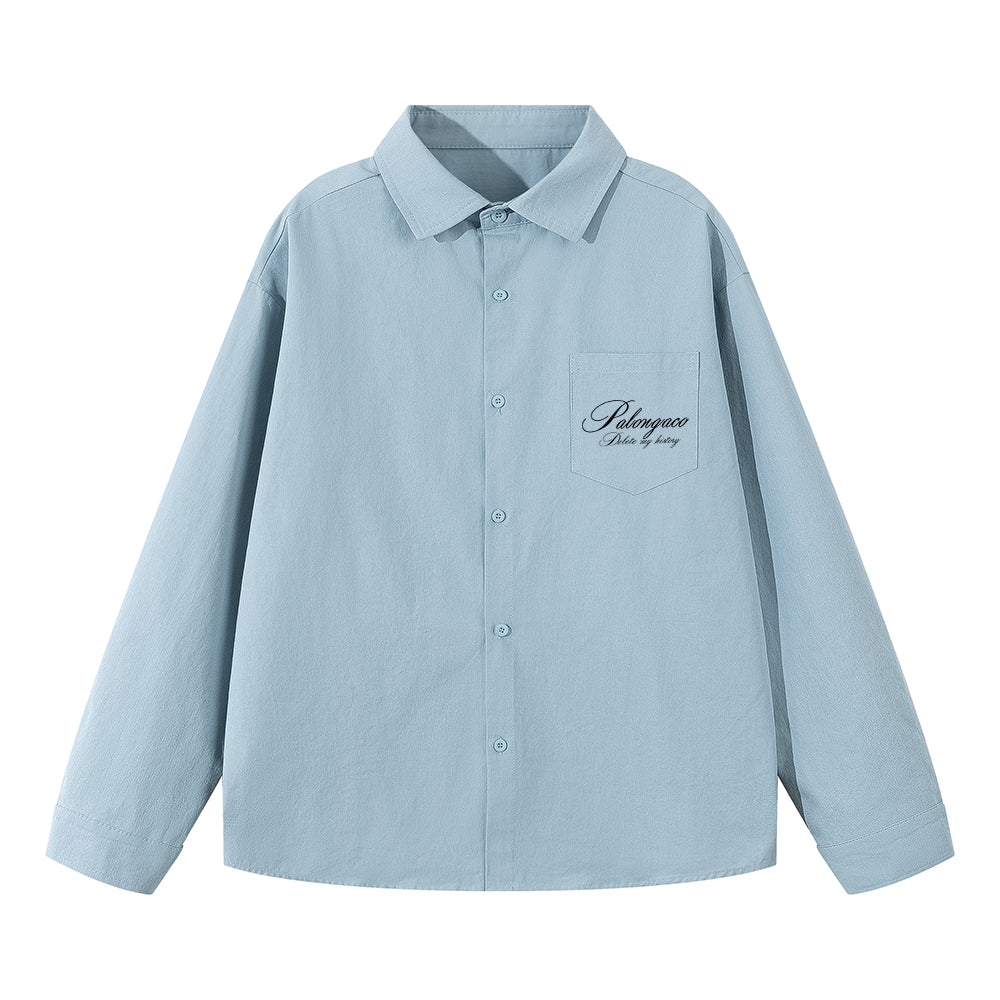 Pal ongaco pal ongaco Amerika retro qo'lyozma harflar logotipi bosma tasodifiy bo'sh uzun yengli ko'ylaklar lapel ko'ylagi bahor va kuz modellari chiroyli ko'p qirrali oddiy paxta ishchi ko'ylagi bir xil modeldagi erkaklar va ayollar