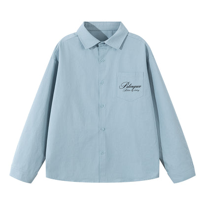 Pal ongaco pal ongaco Amerika retro qo'lyozma harflar logotipi bosma tasodifiy bo'sh uzun yengli ko'ylaklar lapel ko'ylagi bahor va kuz modellari chiroyli ko'p qirrali oddiy paxta ishchi ko'ylagi bir xil modeldagi erkaklar va ayollar