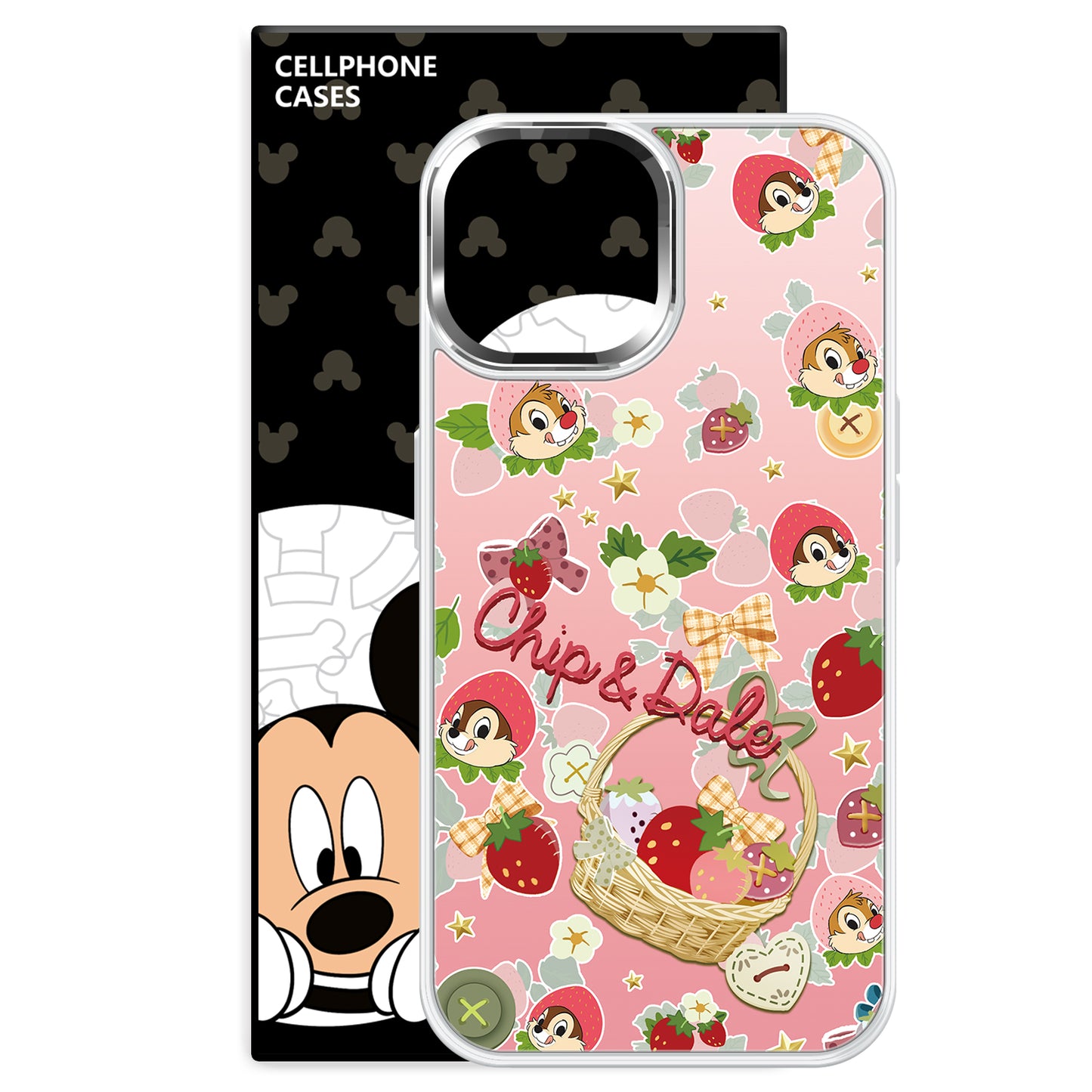 Disney abs+kompyuter materiali yoqimli qulupnay seriyali chicky titty shirin yuqori sifatli metall bo'yoq oyna himoyasi olma/olma 16promax/plus/iphone15/14/13pro multfilm animatsiyasi uchun muzli shisha telefon qutisi