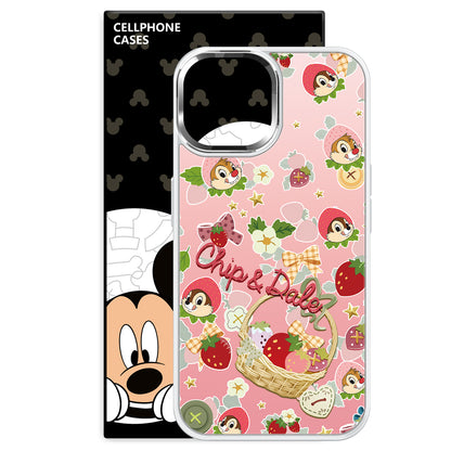 Disney abs+kompyuter materiali yoqimli qulupnay seriyali chicky titty shirin yuqori sifatli metall bo'yoq oyna himoyasi olma/olma 16promax/plus/iphone15/14/13pro multfilm animatsiyasi uchun muzli shisha telefon qutisi