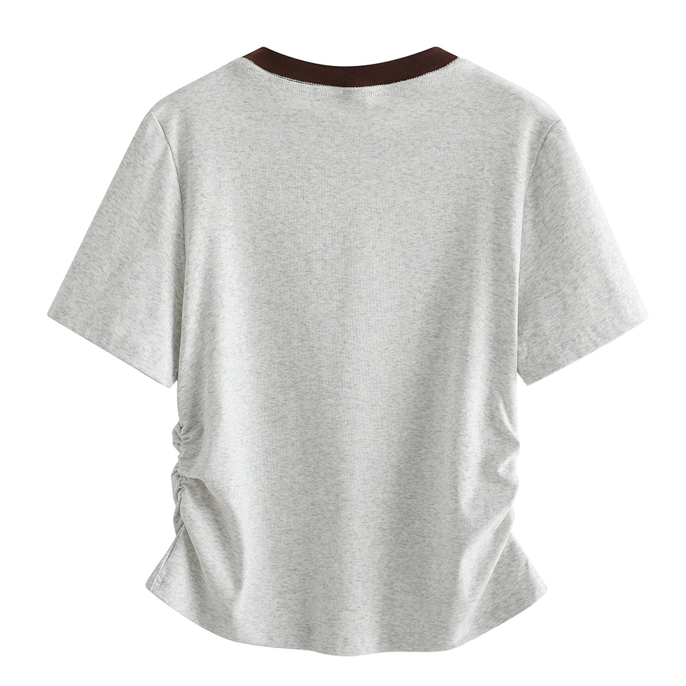 Pal ongaco pal ongaco Amerika ins trend to'qnashuvi qovurg'ali yoqa cho'zilgan bel nozik nozik shirin chili qisqa ekipaj bo'yinli qisqa yengli futbolka ayollar