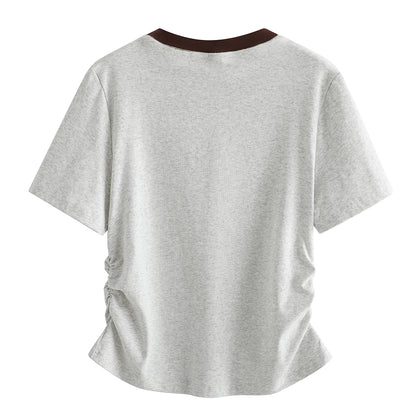 Pal ongaco pal ongaco Amerika ins trend to'qnashuvi qovurg'ali yoqa cho'zilgan bel nozik nozik shirin chili qisqa ekipaj bo'yinli qisqa yengli futbolka ayollar