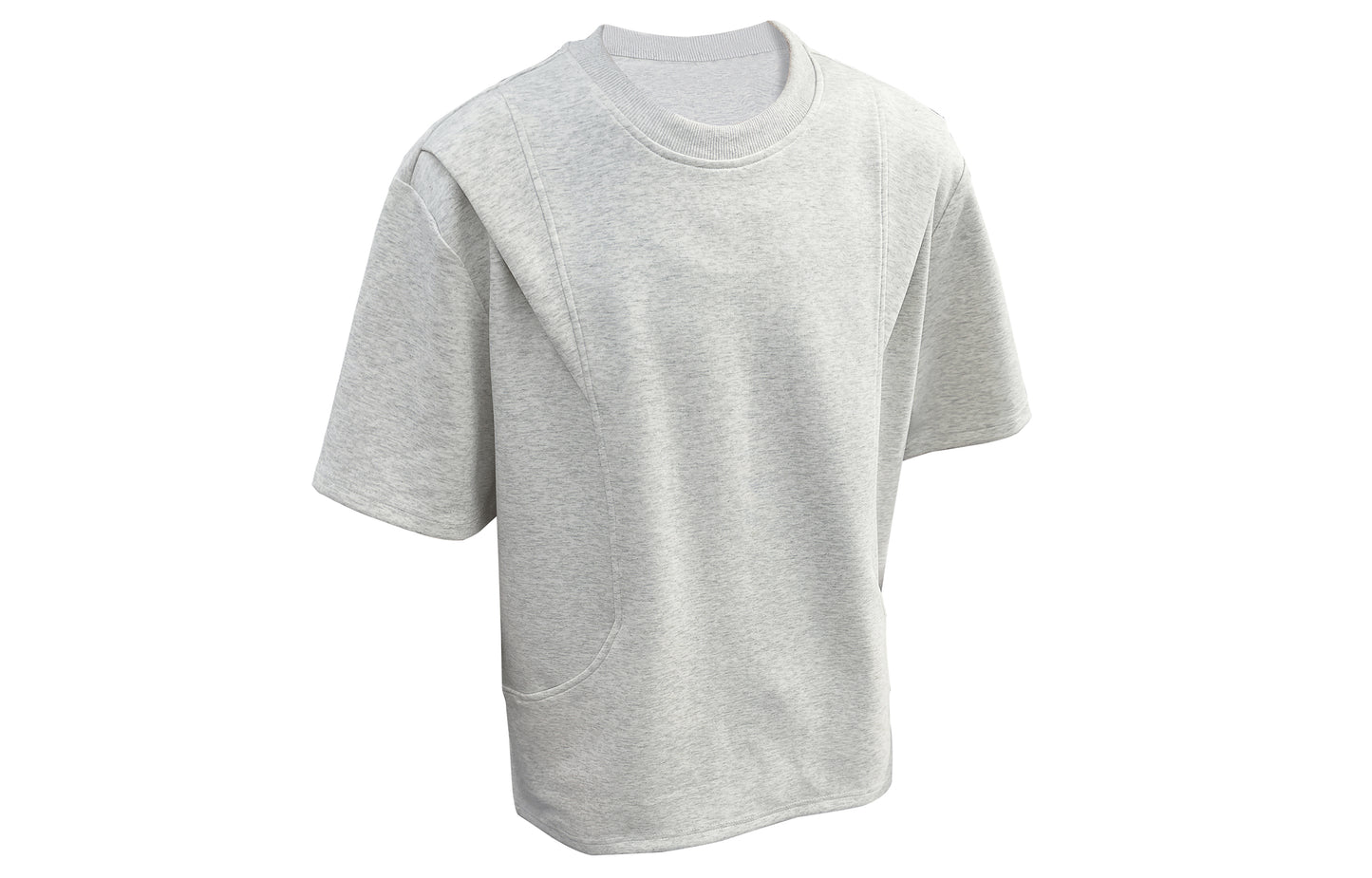 Paddy Julia bir xil rangdagi toza to'rtburchakli yelkali siluet, dekonstruksiya qilingan katta tuyg'usi yumaloq bo'yinli bo'shashgan yelkali ko'p qirrali besh chorak yengli qisqa yengli futbolka bir xil modeldagi erkaklar va ayollar