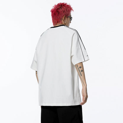 Kollej uslubidagi golfkross rangli to'qnashuv lentasi chiziqli yelkali yengli dumaloq bo'yinli qisqa yengli futbolka bir xil paragrafli erkaklar va ayollar