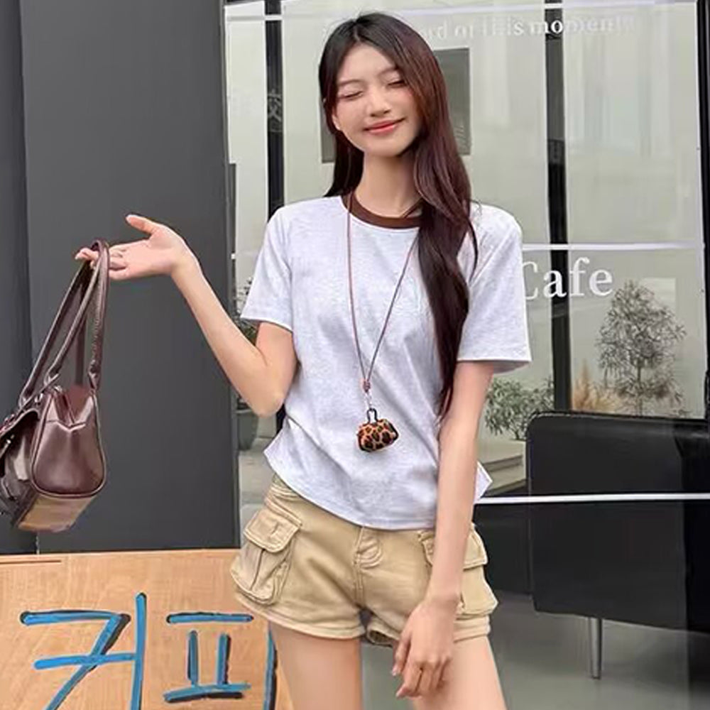 Pal ongaco pal ongaco Amerika ins trend to'qnashuvi qovurg'ali yoqa cho'zilgan bel nozik nozik shirin chili qisqa ekipaj bo'yinli qisqa yengli futbolka ayollar