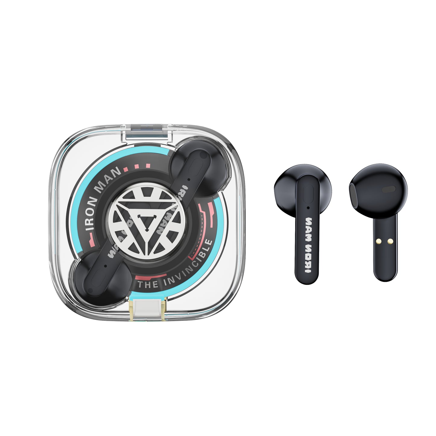 Disney QS28 Kapitan Amerika Iron Man 100-yillik modeli Haqiqiy avtorizatsiyalangan shaffof oʻyin sport shovqinlarini bekor qiluvchi Apple Android universal quloqqa simsiz Bluetooth eshitish vositasi