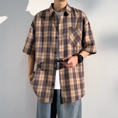 Hvga Amerika retro asosiy modellari plashli birlashma to'qnashuv rangli yarim yengli ko'ylak ko'ylagi ter singdirish nafas oladigan yupqa bo'sh katta o'lchamli talabalar partiyasi qisqa qisma ko'ylak erkaklar va ayollar modellari