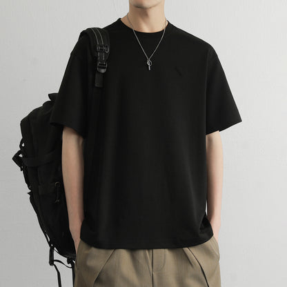 Hvga asosiy modellari eski pul uslubi yumshoq va qulay teri salqin tuyg'u yarim yengli pastki ko'ylak Amerika tekis rangli moda shaxsiyat trendi tasodifiy erkin qisqa qisma futbolkalar bir xil modellar bilan erkaklar va ayollar