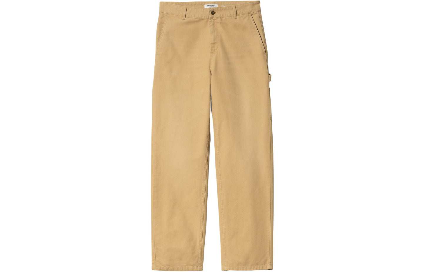 Carhartt wip ss24 v' pirs shim, to'g'ridan-to'g'ri bo'shashgan tekis kvadrat yorliqli fermuarli uzun ish shimlari xaki