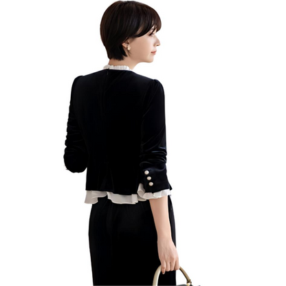 Bitta sayoz baxmal qora frantsuz engil hashamatli kichik parfyumeriya zali gaz kostyumi ayollar qora