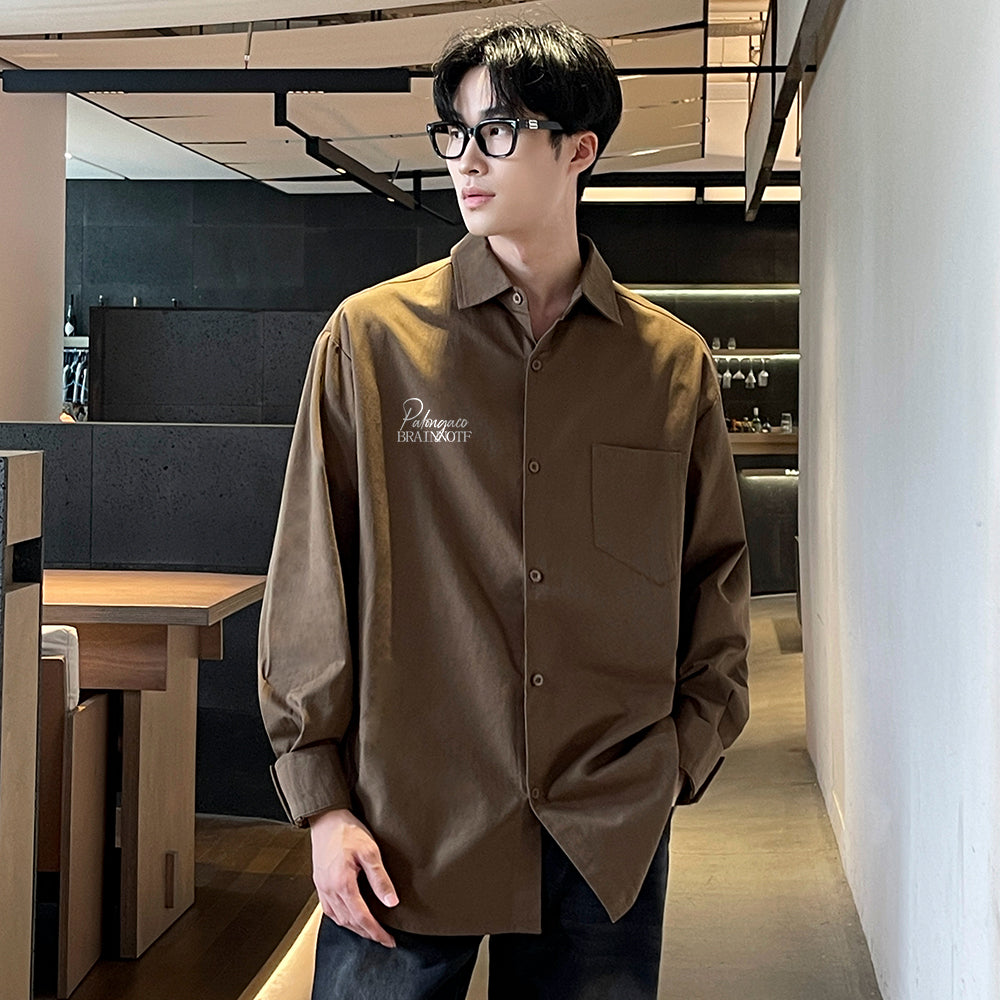 Pal ongaco pal ongaco Amerika retro yuqori ko'cha oddiy harflar logotipi bosma bir rangli trend bo'sh universal dangasa tuyg'u qulay paxta uzun yengli ko'ylak erkaklar va ayollar modellari bilan