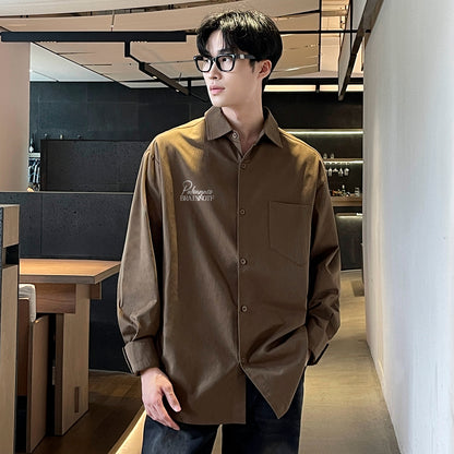 Pal ongaco pal ongaco Amerika retro yuqori ko'cha oddiy harflar logotipi bosma bir rangli trend bo'sh universal dangasa tuyg'u qulay paxta uzun yengli ko'ylak erkaklar va ayollar modellari bilan