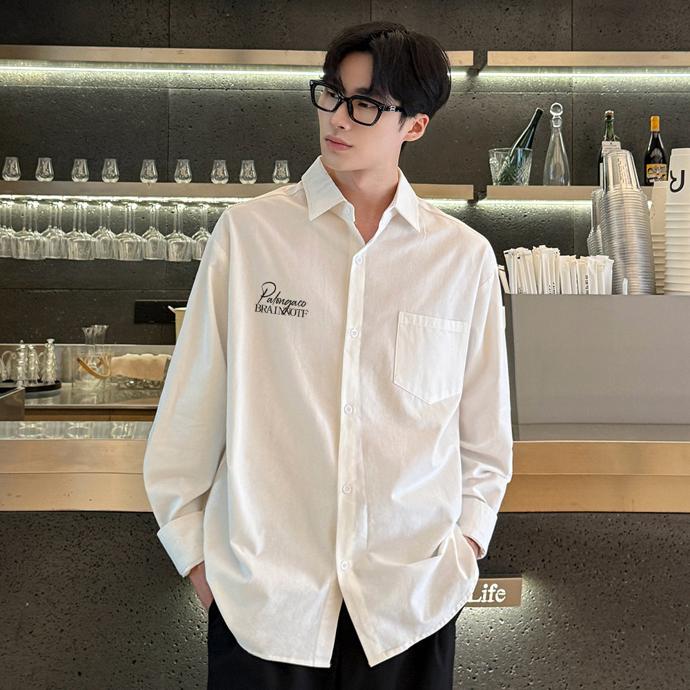 Pal ongaco pal ongaco Amerika retro yuqori ko'cha oddiy harflar logotipi bosma bir rangli trend bo'sh universal dangasa tuyg'u qulay paxta uzun yengli ko'ylak erkaklar va ayollar modellari bilan