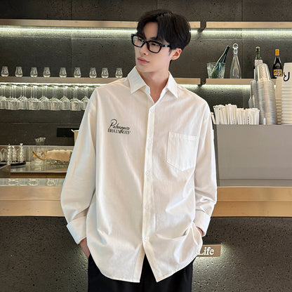 Pal ongaco pal ongaco Amerika retro yuqori ko'cha oddiy harflar logotipi bosma bir rangli trend bo'sh universal dangasa tuyg'u qulay paxta uzun yengli ko'ylak erkaklar va ayollar modellari bilan