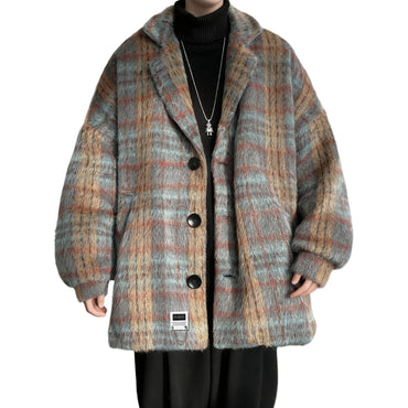 Lazy wind clash plaid issiq qalinlashgan tvid top yaqin bu yerda Amerika retro yuqori trend ko'cha bo'sh qulay kostyum yoqasi off yelka uzun yengi ko'ylagi Koreys tasodifiy commute klassik Britaniya asosiy m