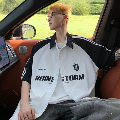 Paddy Julia Amerika ko'cha yo'l-yo'l harflari lapel kiritilgan yelka bo'sh tasodifiy sayohat qisqa yengli ko'ylak erkaklar va ayollar bir xil