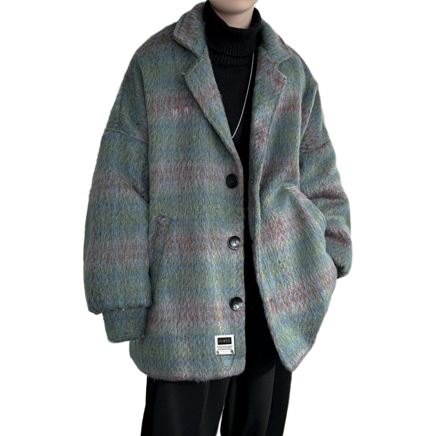 Lazy wind clash plaid issiq qalinlashgan tvid top yaqin bu yerda Amerika retro yuqori trend ko'cha bo'sh qulay kostyum yoqasi off yelka uzun yengi ko'ylagi Koreys tasodifiy commute klassik Britaniya asosiy m