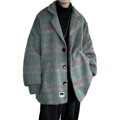 Lazy wind clash plaid issiq qalinlashgan tvid top yaqin bu yerda Amerika retro yuqori trend ko'cha bo'sh qulay kostyum yoqasi off yelka uzun yengi ko'ylagi Koreys tasodifiy commute klassik Britaniya asosiy m