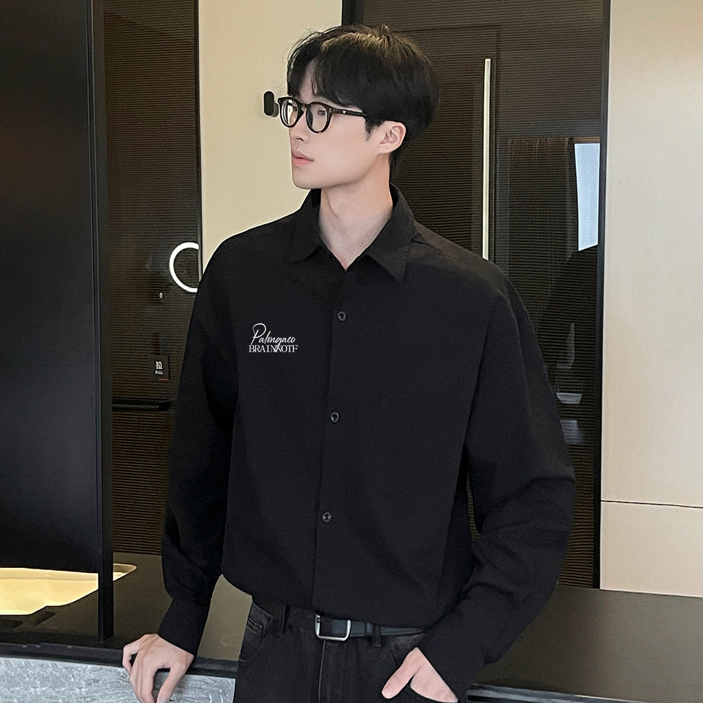 Pal ongaco pal ongaco Amerika retro yuqori ko'cha oddiy harflar logotipi bosma bir rangli trend bo'sh universal dangasa tuyg'u qulay paxta uzun yengli ko'ylak erkaklar va ayollar modellari bilan