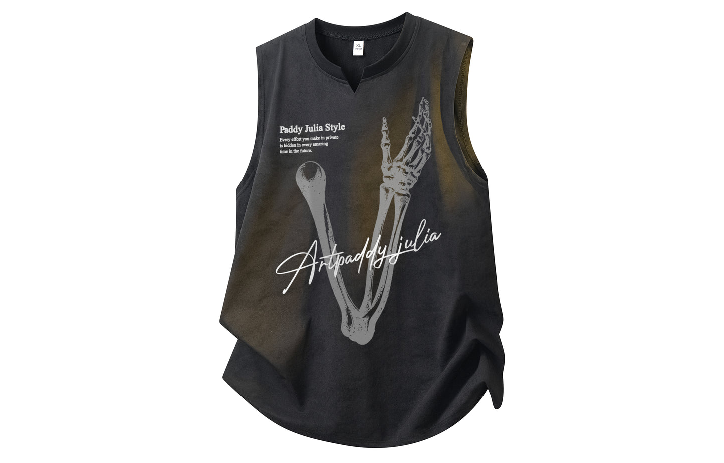 Paddy Julia Amerika oddiy oddiy ko'p qirrali tendentsiya yumaloq bo'yinli suyak harfli bosma logotip tetiklantiruvchi nafas oladigan yengsiz yelek modellari bilan erkaklar va ayollar