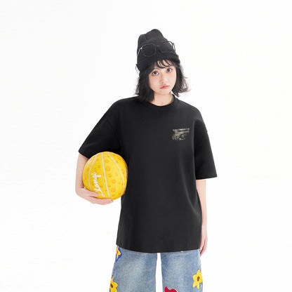 Pal ongaco amerikalik gangster chiroyli shark harflari bosma sayohat universal niche genderless tide bo'sh ekipaj bo'yinli qisqa yengli futbolka erkaklar va ayollar bir xil