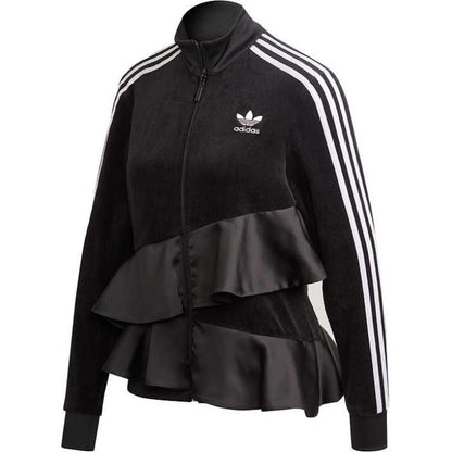 Adidas Originals Ayollar uchun qora atlas jingalak tikilgan yoqa ko'ylagi