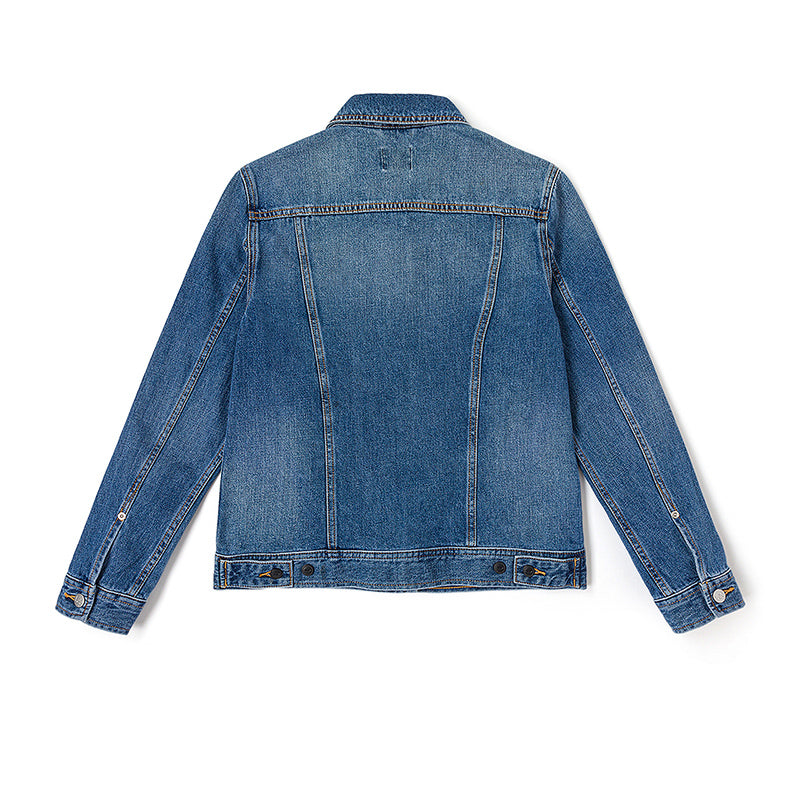 Li vintage lapel bir koʻkrakli uzun yengli qulay jinsi kurtkasi oʻrta koʻk