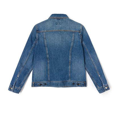 Li vintage lapel bir koʻkrakli uzun yengli qulay jinsi kurtkasi oʻrta koʻk