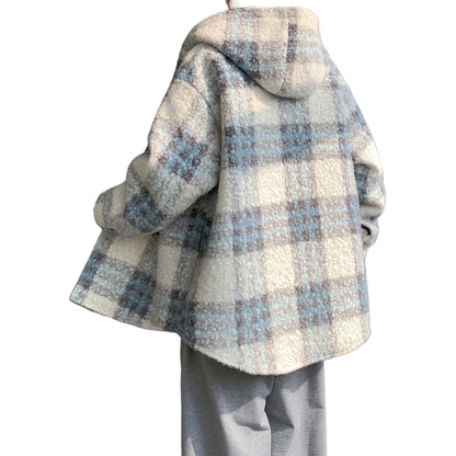 Hvga ochilgan yelka Amerika retro yostiqli qalinlashgan shilimshiq flanel chiziqli kurtka kardigan kundalik qulay koreys kiyimi kaputli kichik shannon palto kuz va qish trendi bo'sh premium tuyg'u qalin tozalik shamol baxmal hislar