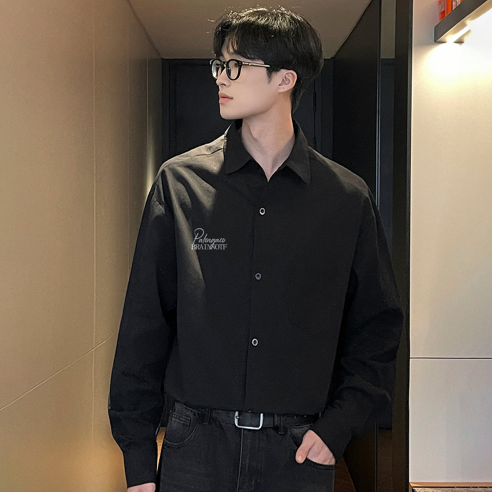 Pal ongaco pal ongaco Amerika retro yuqori ko'cha oddiy harflar logotipi bosma bir rangli trend bo'sh universal dangasa tuyg'u qulay paxta uzun yengli ko'ylak erkaklar va ayollar modellari bilan