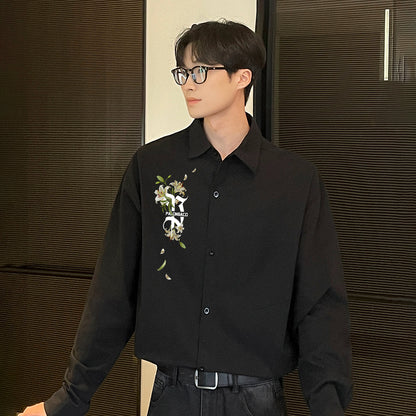 Pal ongaco pal ongaco Amerika retro jinssiz asosiy modellar harflar logotipi soxta kashtado'zlik o'simliklari gulli dizayn printlar oddiy lapel bo'shashmasdan qulay yelkalar paxta uzun yengli erkaklar va ayollar uchun ko'ylaklar