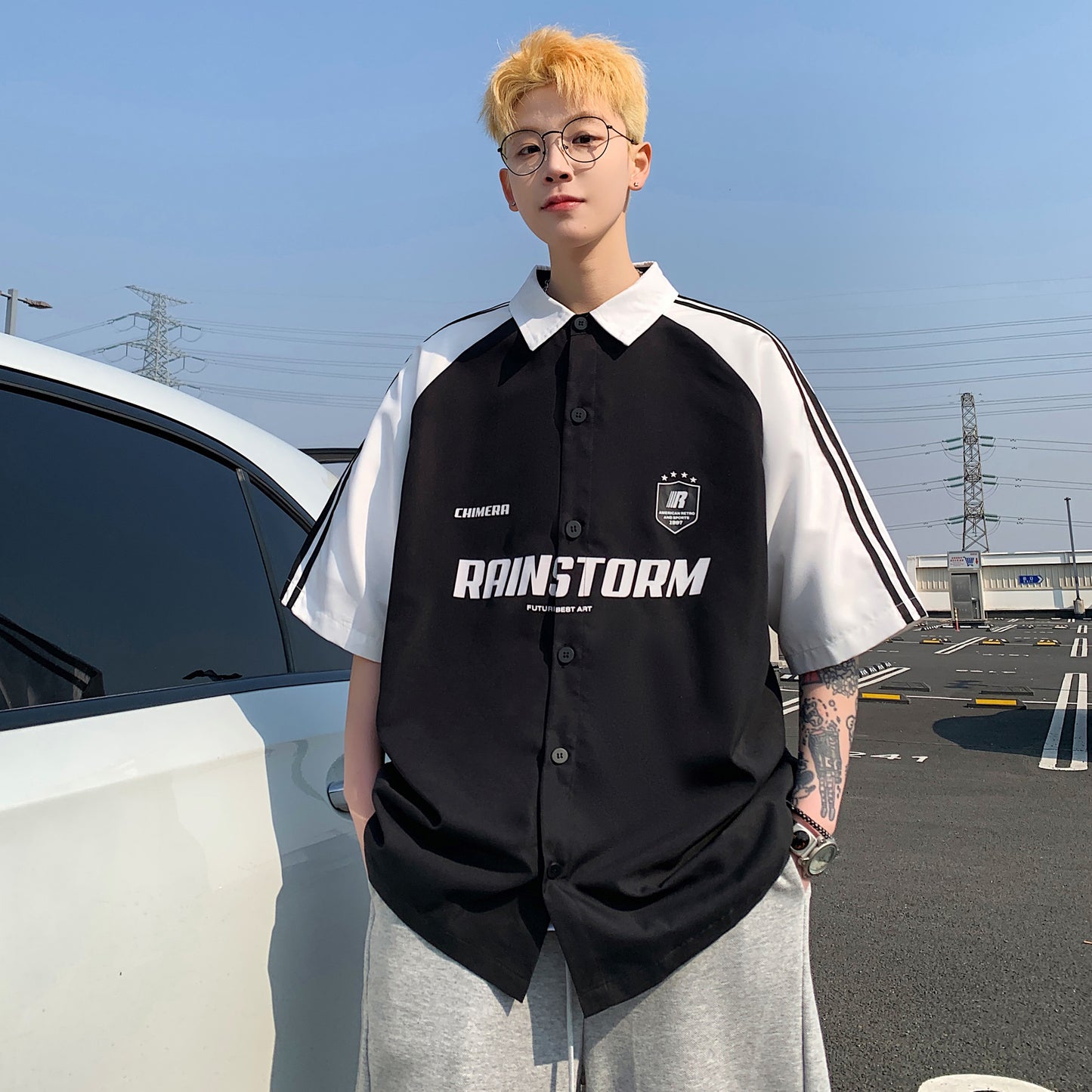 Paddy Julia Amerika ko'cha yo'l-yo'l harflari lapel kiritilgan yelka bo'sh tasodifiy sayohat qisqa yengli ko'ylak erkaklar va ayollar bir xil