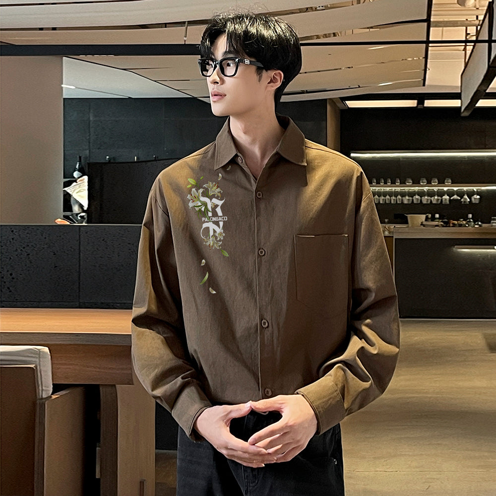 Pal ongaco pal ongaco Amerika retro jinssiz asosiy modellar harflar logotipi soxta kashtado'zlik o'simliklari gulli dizayn printlar oddiy lapel bo'shashmasdan qulay yelkalar paxta uzun yengli erkaklar va ayollar uchun ko'ylaklar