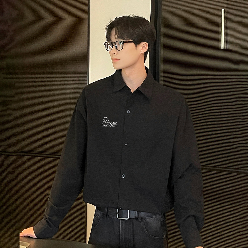 Pal ongaco pal ongaco Amerika retro yuqori ko'cha oddiy harflar logotipi bosma bir rangli trend bo'sh universal dangasa tuyg'u qulay paxta uzun yengli ko'ylak erkaklar va ayollar modellari bilan