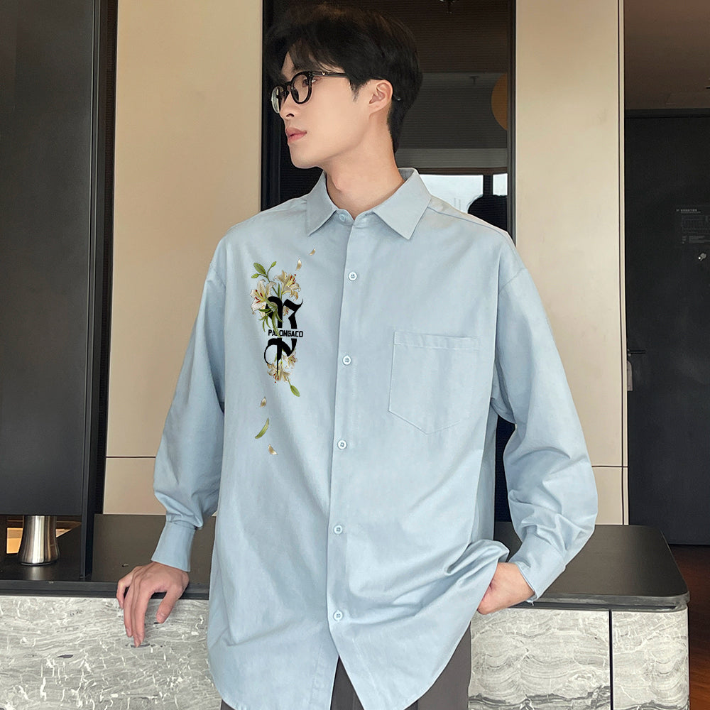 Pal ongaco pal ongaco Amerika retro jinssiz asosiy modellar harflar logotipi soxta kashtado'zlik o'simliklari gulli dizayn printlar oddiy lapel bo'shashmasdan qulay yelkalar paxta uzun yengli erkaklar va ayollar uchun ko'ylaklar