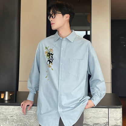 Pal ongaco pal ongaco Amerika retro jinssiz asosiy modellar harflar logotipi soxta kashtado'zlik o'simliklari gulli dizayn printlar oddiy lapel bo'shashmasdan qulay yelkalar paxta uzun yengli erkaklar va ayollar uchun ko'ylaklar