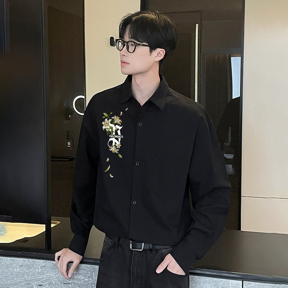 Pal ongaco pal ongaco Amerika retro jinssiz asosiy modellar harflar logotipi soxta kashtado'zlik o'simliklari gulli dizayn printlar oddiy lapel bo'shashmasdan qulay yelkalar paxta uzun yengli erkaklar va ayollar uchun ko'ylaklar