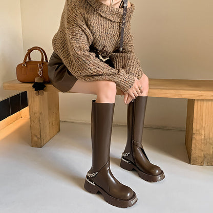 Balletcat воловья кожа цвет блокировки мода casual дизайн толстая подошва высокие сапоги 5 см женские