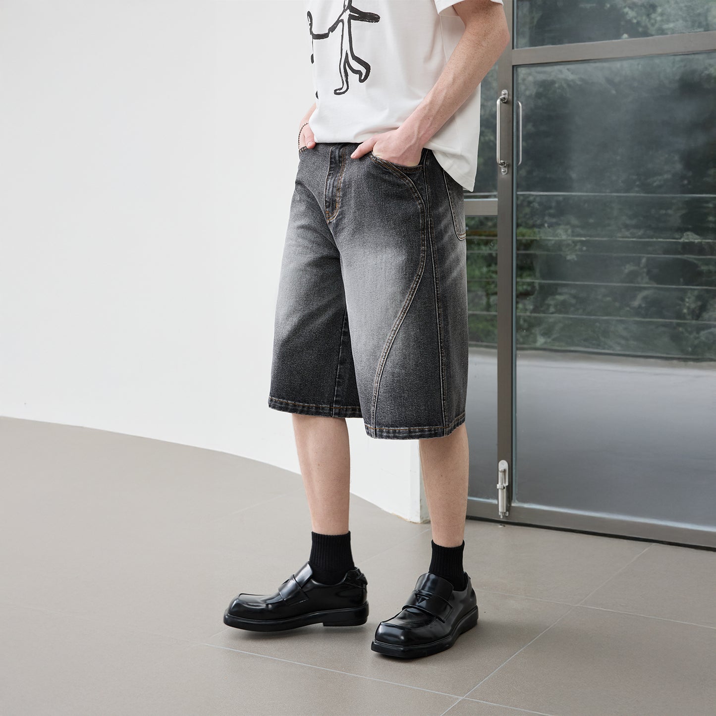 Lilbetter vintage yuvilgan eski dumaloq bo'sh kestirib amerika jinsi teksturasi eskirgan dekonstruksiyasiz split baland ko'cha beshta oddiy erkaklar uchun qora shortilar